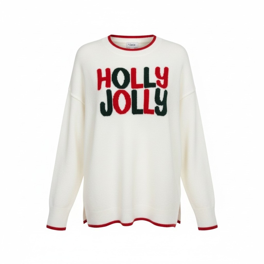 CeCe Holly Jolly Christmas Sweater White Red Green Festive Pullover 1X